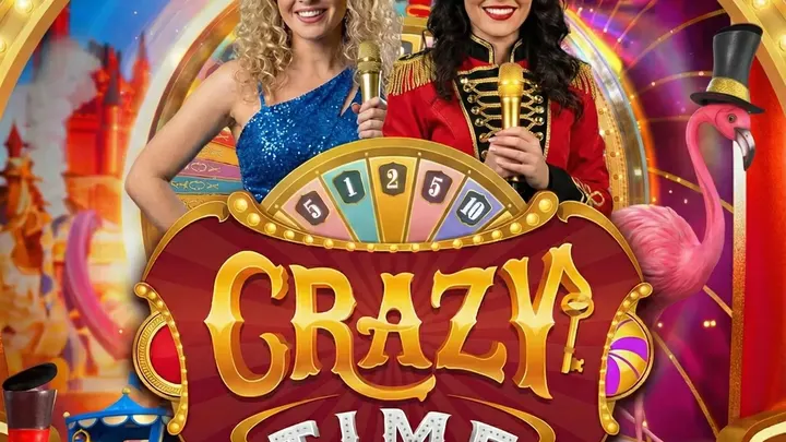 Crazy Time game show stage with presenter and wheel